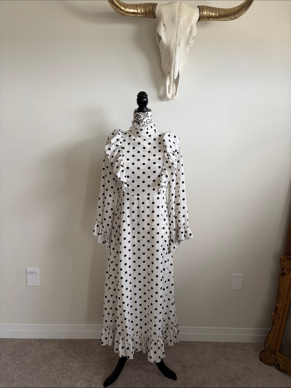 Ruffle-Trim Polka Dot Maxi Dress - Cream with Black Dots